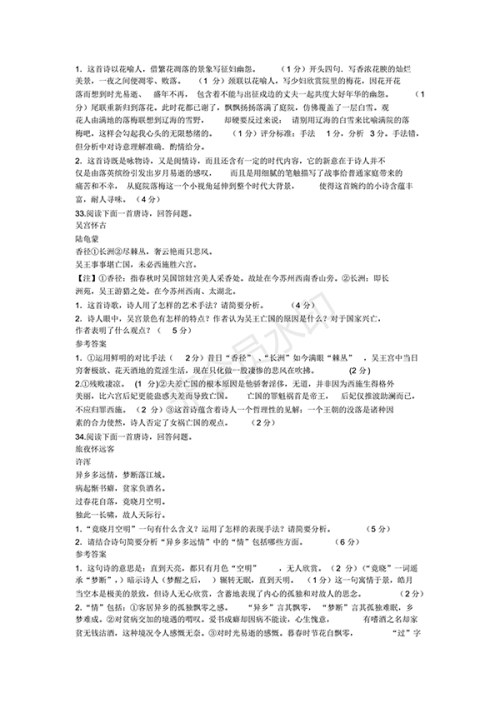 2018年高考古诗词鉴赏训练题100题及答案解析