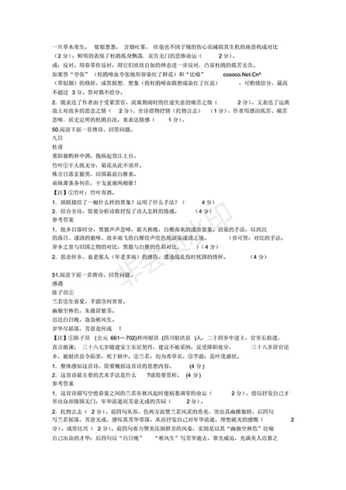 2018年高考古诗词鉴赏训练题100题及答案解析