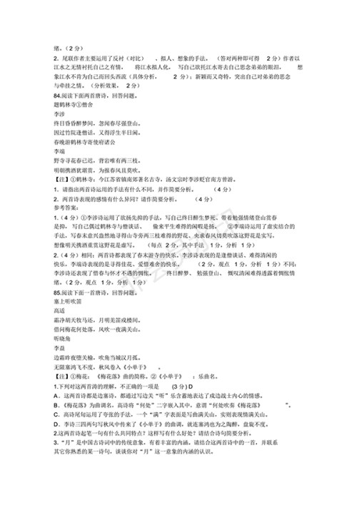 2018年高考古诗词鉴赏训练题100题及答案解析