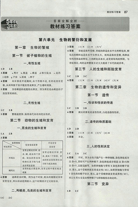 2018义务教育教科书课本冀少版生物学八年级下册参考答案 2018义务教育教科书课本冀少版生物学八年级下册参考答案