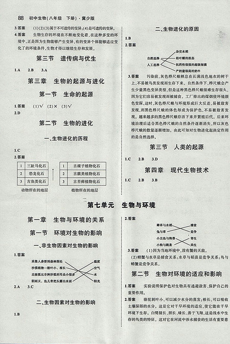 2018义务教育教科书课本冀少版生物学八年级下册参考答案 2018义务教育教科书课本冀少版生物学八年级下册参考答案