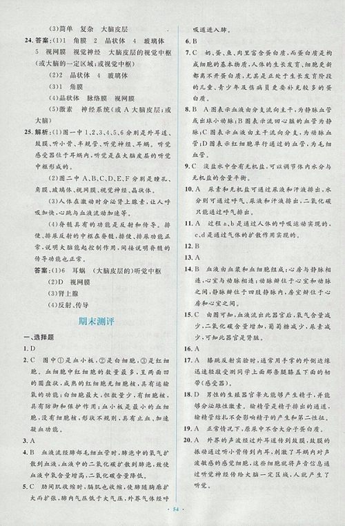 2018年人教版新课标初中同步学习目标与检测生物七年级下册答案