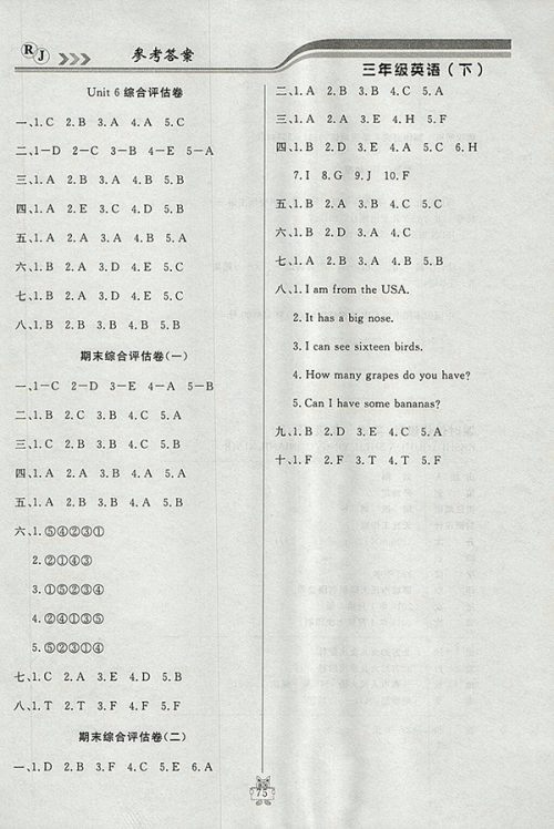 2018人教版状元陪练课时优化设计英语三年级下册参考答案