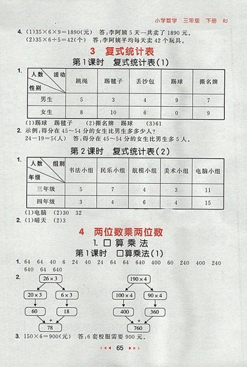 2018人教版53随堂测小学数学三年级下册参考答案