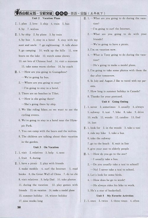 2018年香山状元坊全程突破导练测五年级英语下册参考答案 2018年香山状元坊全程突破导练测五年级英语下册参考答案