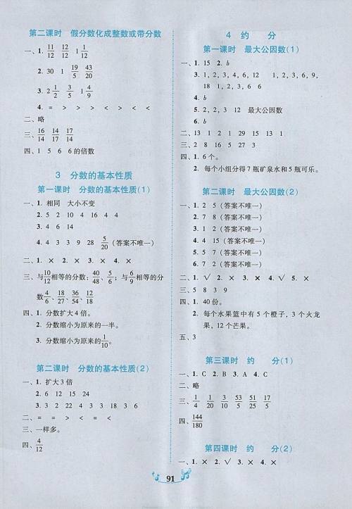 2018年人教版百年学典课时学练测五年级数学下册参考答案