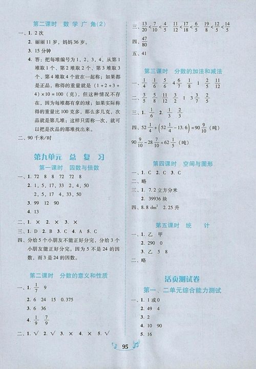 2018年人教版百年学典课时学练测五年级数学下册参考答案