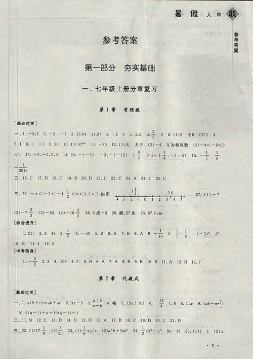 2018湘教版暑假大串联数学七年级参考答案