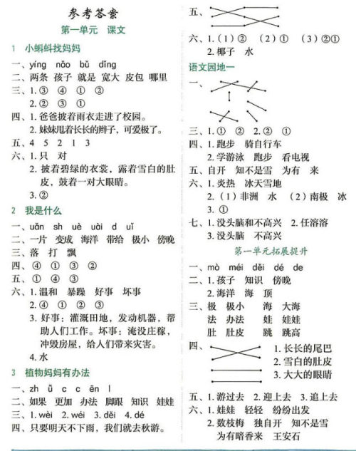 2018年人教版黄冈小状元作业本二年级上册语文参考答案