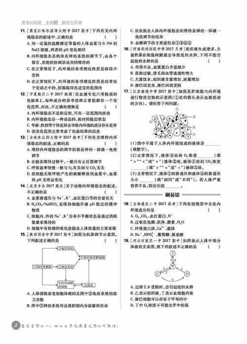 2019高考必刷题生物3稳态与环境参考答案