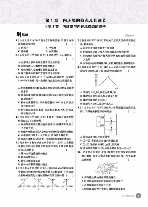 2019高考必刷题生物3稳态与环境参考答案