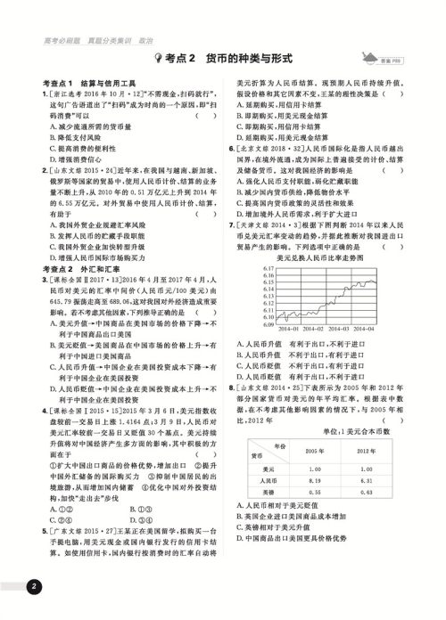 2019高考必刷题政治真题分类训练参考答案