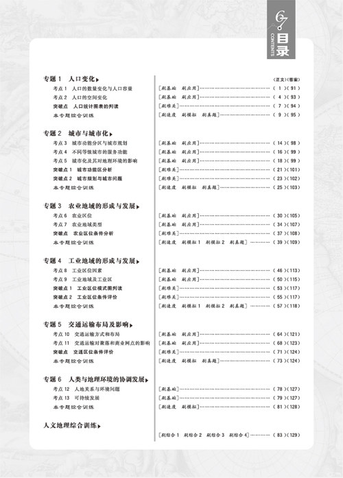 2019高考必刷题地理2人文地理参考答案