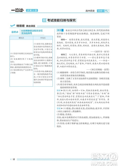 2019人教版一遍过高中历史选修1参考答案