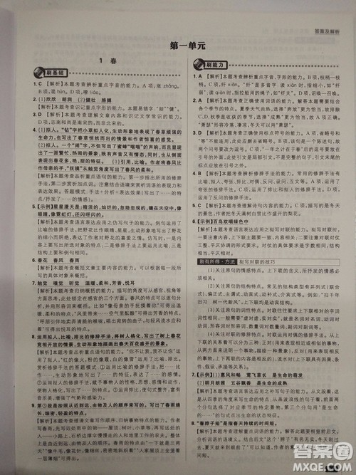 2019新版初中必刷题人教版七年级上册语文参考答案