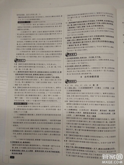 2019新版初中必刷题人教版七年级上册语文参考答案