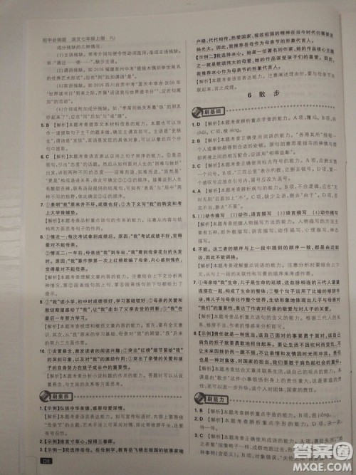 2019新版初中必刷题人教版七年级上册语文参考答案