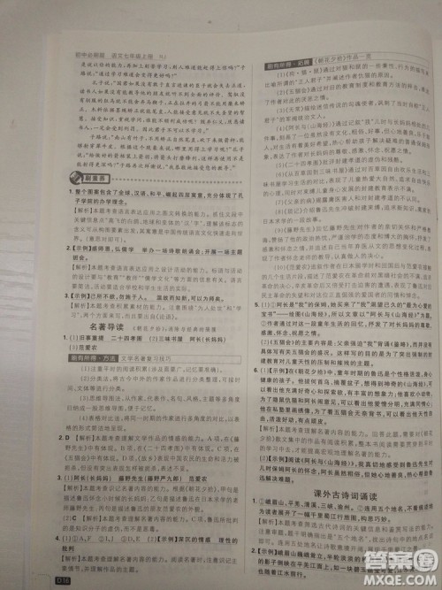 2019新版初中必刷题人教版七年级上册语文参考答案