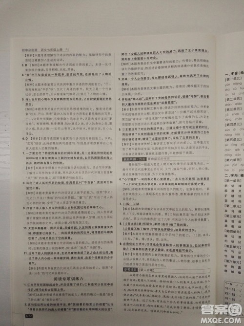 2019新版初中必刷题人教版七年级上册语文参考答案