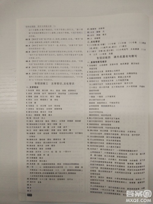 2019新版初中必刷题人教版七年级上册语文参考答案 2019新版初中必刷题人教版七年级上册语文参考答案