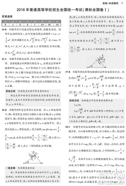 2019一线名卷五年真题详解物理2014-2018年答案详解