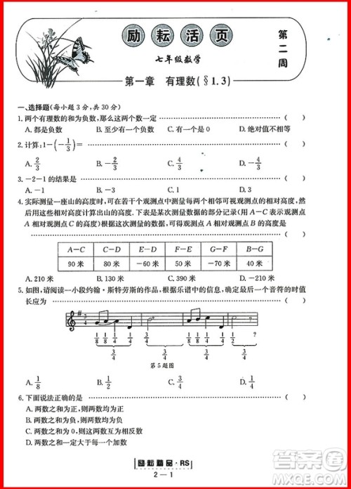 2018年人教版励耘书业励耘活页周周练七年级上册数学参考答案