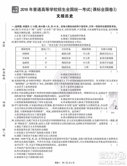 2019一线名卷53高考真题卷历史答案详解