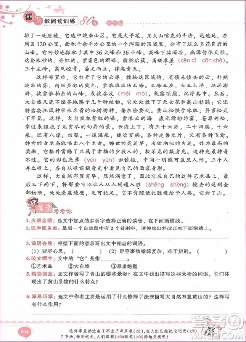 2018年新阅读崔峦教阅读训练80篇六年级参考答案