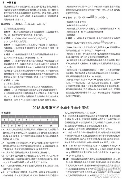 2019一线名卷53金卷中考真题卷化学参考答案