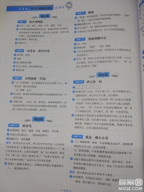 2018小学生语文分级阅读训练6年级参考答案