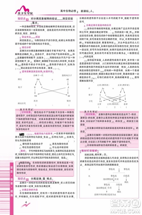 吉林人民出版社2019尖子生学案新课标人教版生物必修2参考答案 吉林人民出版社2019尖子生学案新课标人教版生物必修2参考答案