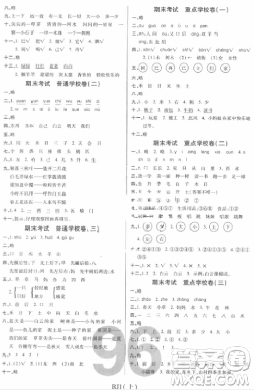 2018版期末100分冲刺卷人教版一年级上册语文参考答案