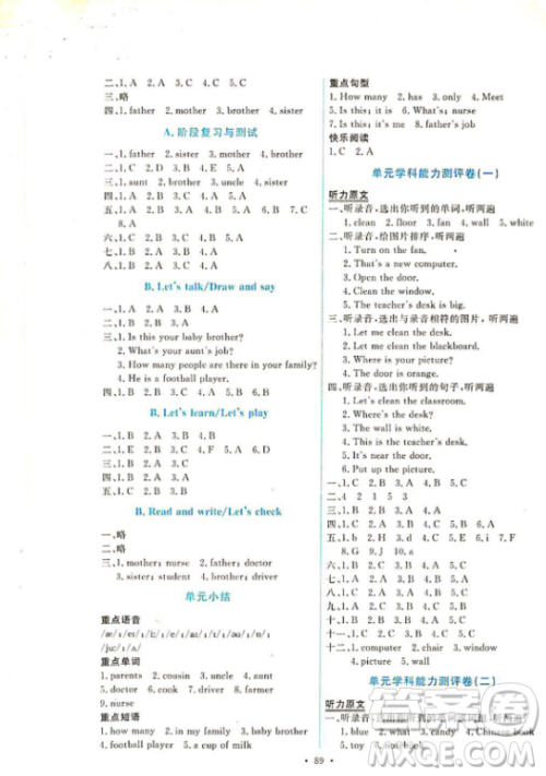 2018人教PEP版英语四年级上册能力培养与测试参考答案