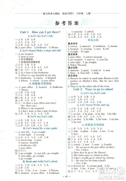 2018能力培养与测试上册六年级英语PEP人教版参考答案 2018能力培养与测试上册六年级英语PEP人教版参考答案
