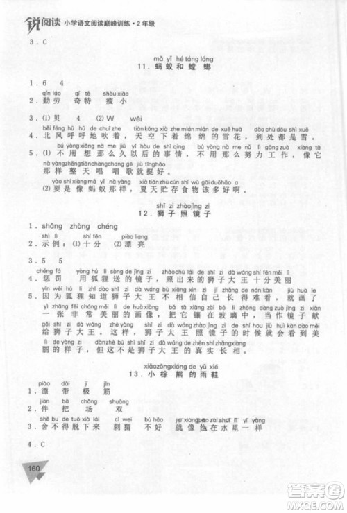 锐阅读小学语文阅读巅峰训练二年级语文2018年参考答案