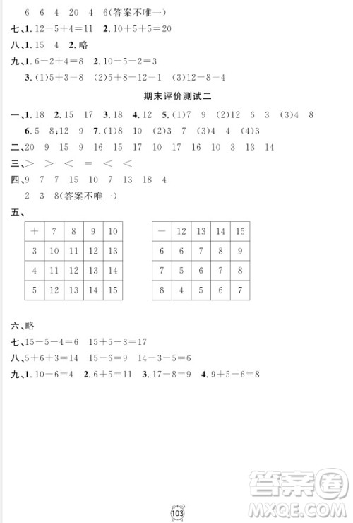 2018全新版钟书金牌金试卷一年级上册数学参考答案