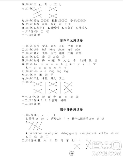 2018全新版语文钟书金牌金试卷一年级上册参考答案 2018全新版语文钟书金牌金试卷一年级上册参考答案