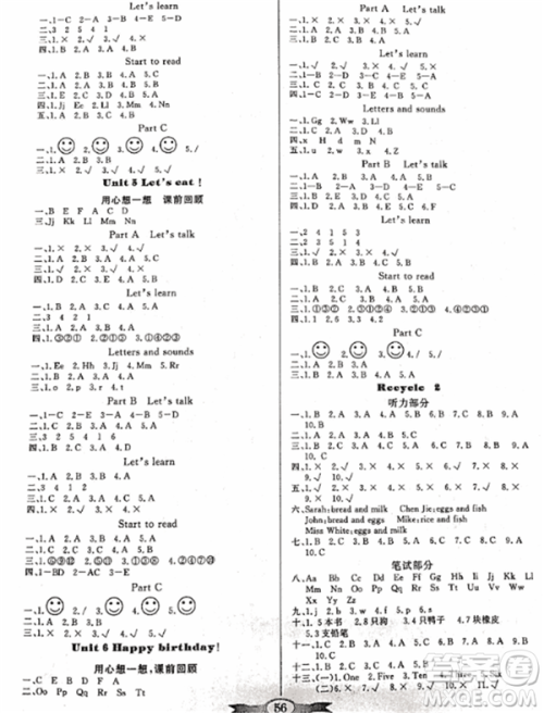 人教版2018秋新品百年学典同步导学与优化训练英语三年级上册PEP版答案