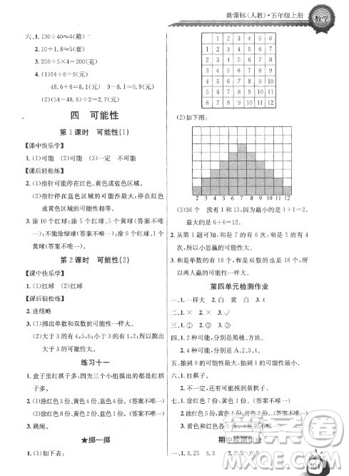 2018长江全能学案同步练习册人教版数学五年级上册参考答案