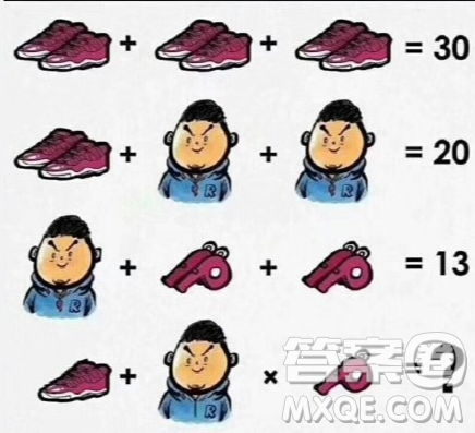 三双鞋子相加等于30，一双鞋子两个人等于20，一个人两对哨子等于13，一只哨子一个人一只鞋等于多少