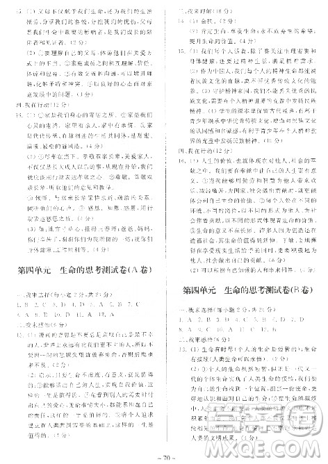 2018年单元自主测试卷七年级上道德与法治参考答案