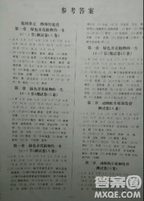 2018年单元自主测试卷八年级上生物参考答案