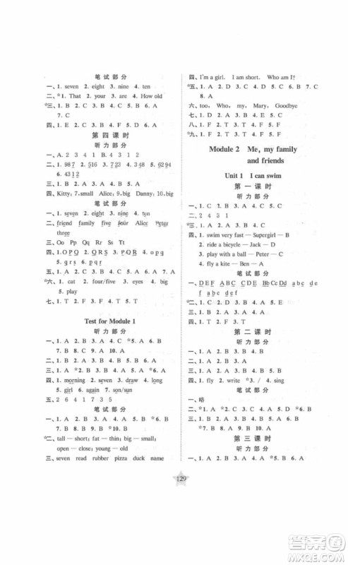 2018交大之星课后精练卷二年级英语上册参考答案 2018交大之星课后精练卷二年级英语上册参考答案