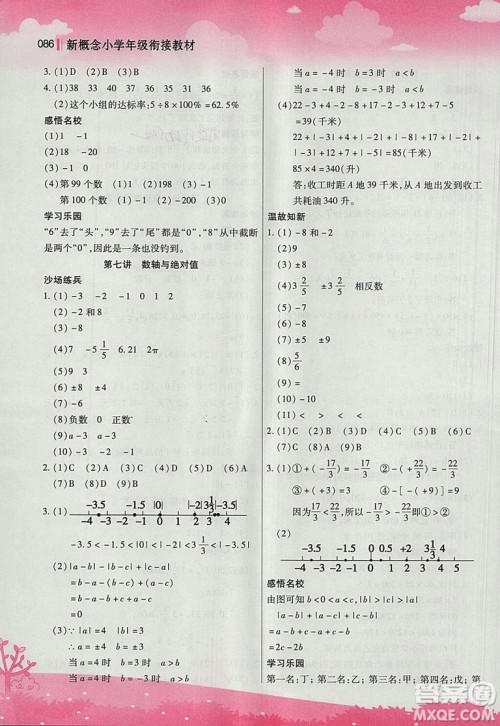 2018版新概念小学年级衔接教材小升初数学参考答案