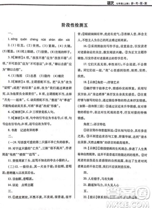 学习质量监测七年级语文2018人教版答案