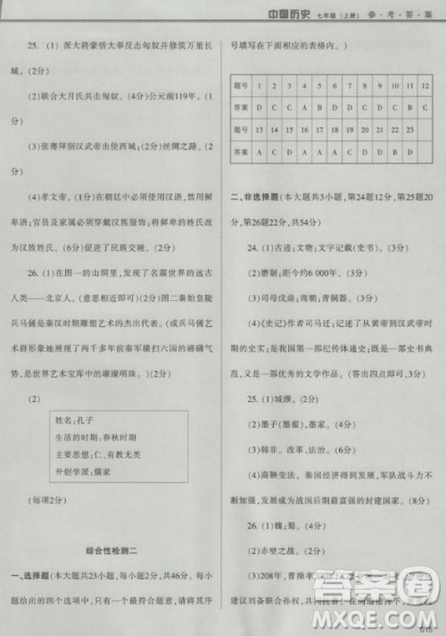 2018年学习质量监测中国历史人教版七年级上册参考答案