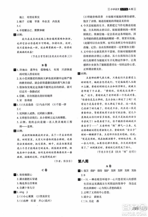 2018年木头马阅读小卷小学语文5年级A版参考答案