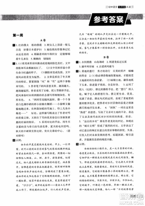 2018年木头马阅读小卷初中语文7年级A版参考答案
