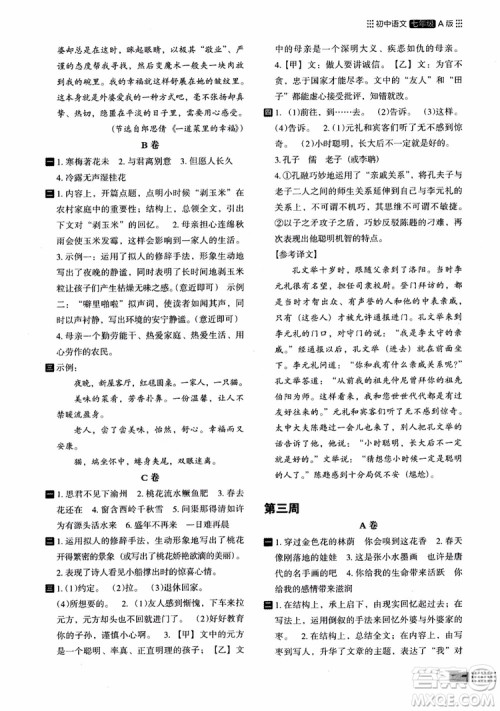 2018年木头马阅读小卷初中语文7年级A版参考答案