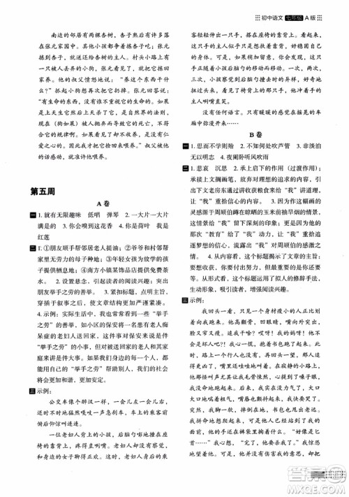 2018年木头马阅读小卷初中语文7年级A版参考答案